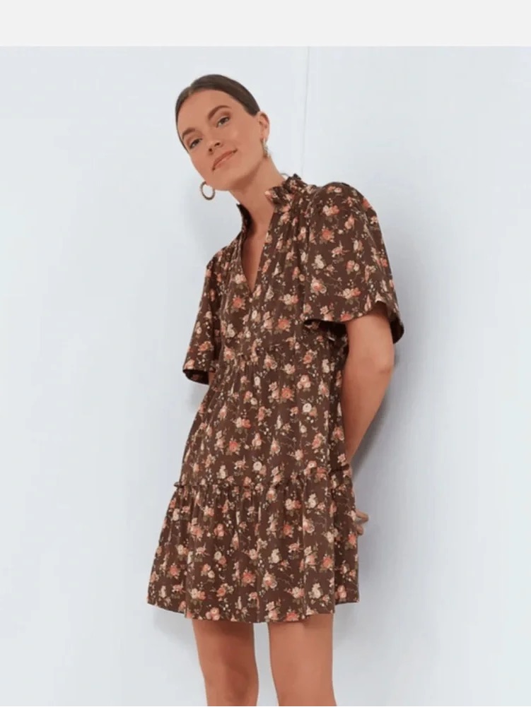 Tuckernuck Floral V-Neck Short Sleeve Mini Dress In Brown